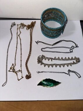 Mixed Costume Jewelry Lot – Necklaces, Bracelets, Leaf Brooch, Beaded Cuff
